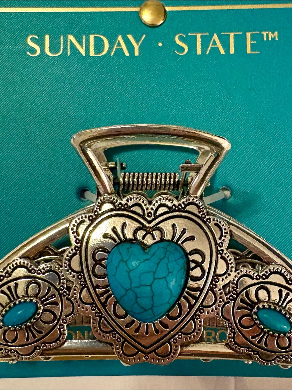 Sunday Stare BOHO Western Turquoise & Silver Heart Metal Hair Claw Clip NEW